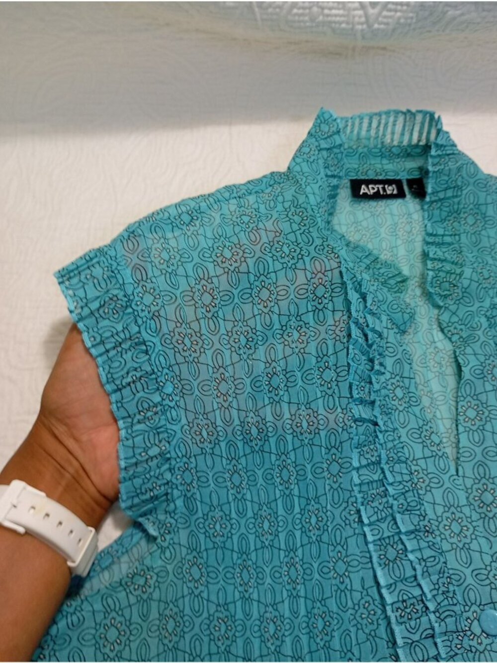 APT. 9 Womens XL Sleeveless Floral Ruffle Button-Down Blouse Sheer Teal Blue - Picture 6 of 8